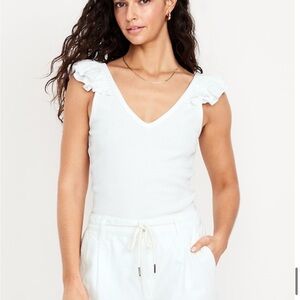 White V-Neck Ruffle Strap Tank
